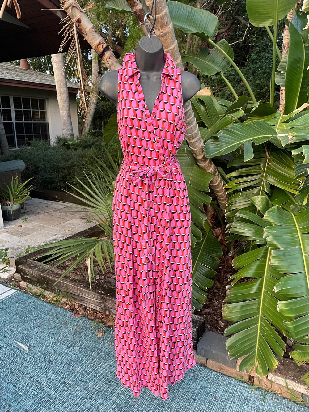 geo print halter look wide leg jumpsuit